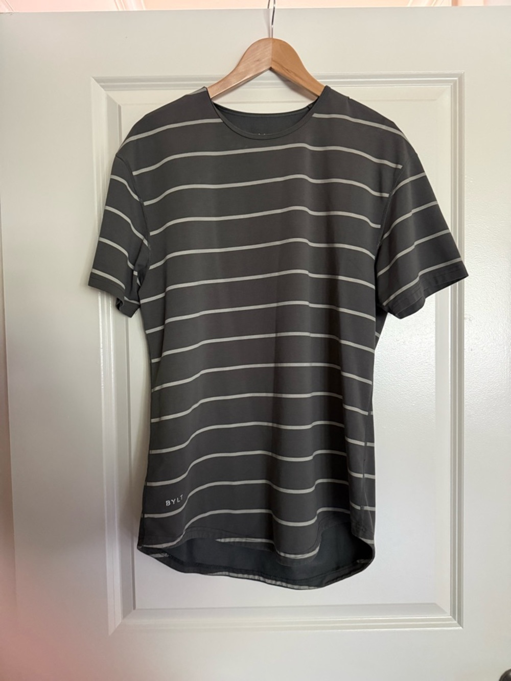 BYLT Basics Gray Short-Sleeve Striped Crew Tee